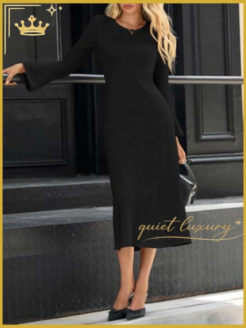 Bell Long Sleeve Maxi Dress Casual Crewneck Knit Slim Fit Flowy Sweater Dress - Picture 2 of 7